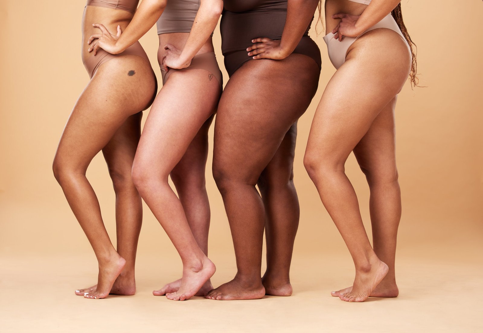 Diversity women, legs and different body and skin of group together for inclusion, beauty and power.
